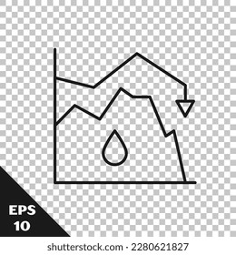 Black line Drop in crude oil price icon isolated on transparent background. Oil industry crisis concept.  Vector Illustration
