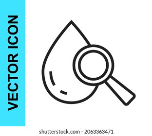 Black line Drop and magnifying glass icon isolated on white background.  Vector