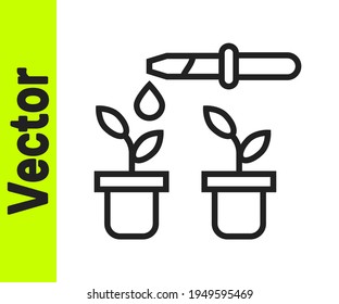 Línea negra La gota de agua cae de la pipeta sobre el icono de la planta aislada en el fondo blanco. Experimentos médicos o agrícolas. Fertilizantes y pesticidas.  Vector