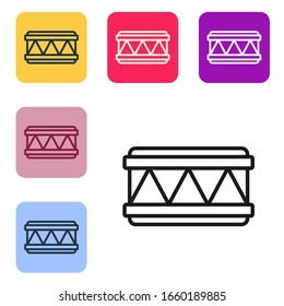 Black line Drum icon isolated on white background. Music sign. Musical instrument symbol. Set icons in color square buttons. Vector Illustration