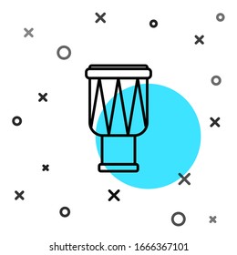 Schwarze Linie Trommelsymbol einzeln auf weißem Hintergrund. Musikzeichen. Symbol für Musikinstrumente. Zufällige dynamische Formen. Vektorillustration-Illustration