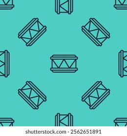 Black line Drum icon isolated seamless pattern on green background. Music sign. Musical instrument symbol.  Vector