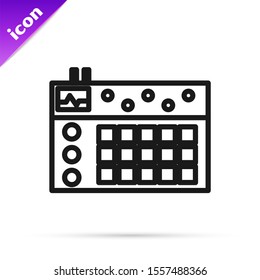 Black line Drum machine icon isolated on white background. Musical equipment.  Vector Illustration