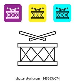 Black line Drum with drum sticks icon isolated on white background. Music sign. Musical instrument symbol. Set icons colorful square buttons. Vector Illustration