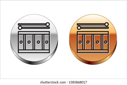 Black line Drum with drum sticks icon isolated on white background. Music sign. Musical instrument symbol. Silver-gold circle button. Vector Illustration