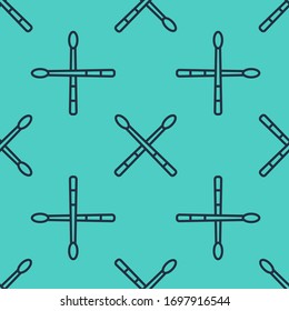 Black line Drum sticks icon isolated seamless pattern on green background. Musical instrument.  Vector Illustration