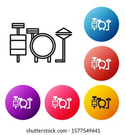 Black line Drums icon isolated on white background. Music sign. Musical instrument symbol. Set icons colorful circle buttons. Vector Illustration
