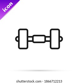 Black line Dumbbell icon isolated on white background. Muscle lifting icon, fitness barbell, gym, sports equipment, exercise bumbbell.  Vector