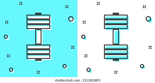 Black line Dumbbell icon isolated on green and white background. Muscle lifting icon, fitness barbell, gym, sports equipment, exercise bumbbell. Random dynamic shapes. Vector