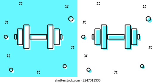 Black line Dumbbell icon isolated on green and white background. Muscle lifting icon, fitness barbell, gym, sports equipment, exercise bumbbell. Random dynamic shapes. Vector Illustration