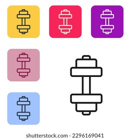 Black line Dumbbell icon isolated on white background. Muscle lifting, fitness barbell, sports equipment. Set icons in color square buttons. Vector