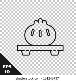 Black line Dumpling on cutting board icon isolated on transparent background. Traditional chinese dish.  Vector Illustration