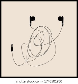 black line earphones with tangled cables vector illustration simple design