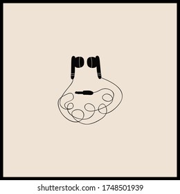 black line earphones with tangled cables vector illustration simple design