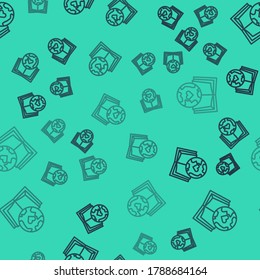 Black line Earth globe and book icon isolated seamless pattern on green background. World or Earth sign. Global internet symbol. Geometric shapes.  Vector Illustration