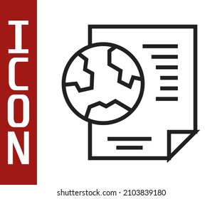 Planeta de la línea negra de la Tierra con icono de documento aislado en fondo blanco. Signo mundial o terrestre. Símbolo global de internet. Formas geométricas.  Vector