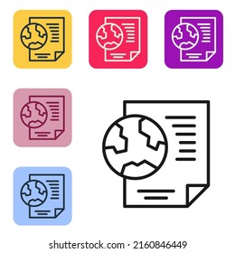 Black line Earth globe with document icon isolated on white background. World or Earth sign. Global internet symbol. Geometric shapes. Set icons in color square buttons. Vector