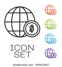 Black line Earth globe with dollar symbol icon isolated on white background. World or Earth sign. Global internet symbol. Geometric shapes. Set icons colorful. Vector Illustration