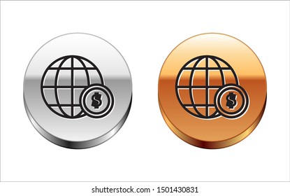 Black line Earth globe with dollar symbol icon isolated on white background. World or Earth sign. Global internet symbol. Geometric shapes. Silver-gold circle button. Vector Illustration