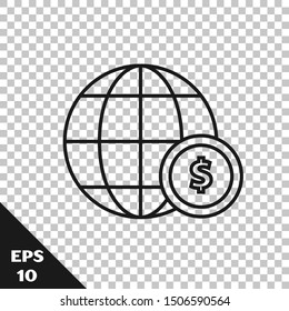 Black line Earth globe with dollar symbol icon isolated on transparent background. World or Earth sign. Global internet symbol. Geometric shapes.  Vector Illustration