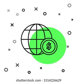 Black line Earth globe with dollar symbol icon isolated on white background. World or Earth sign. Global internet symbol. Geometric shapes.  Vector Illustration