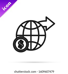 Black line Earth globe with dollar symbol icon isolated on white background. World or Earth sign. Global internet symbol. Geometric shapes.  Vector Illustration