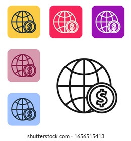 Black line Earth globe with dollar symbol icon isolated on white background. World or Earth sign. Global internet symbol. Geometric shapes. Set icons in color square buttons. Vector Illustration