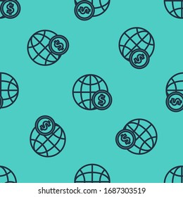 Black line Earth globe with dollar symbol icon isolated seamless pattern on green background. World or Earth sign. Global internet symbol. Geometric shapes.  Vector Illustration