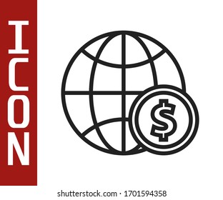 Black line Earth globe with dollar symbol icon isolated on white background. World or Earth sign. Global internet symbol. Geometric shapes.  Vector Illustration