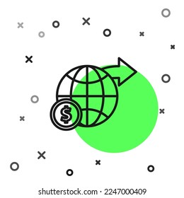 Schwarze Linie Erdkugel mit Dollar Symbol einzeln auf weißem Hintergrund. Welt- oder Erdzeichen. Globales Internetsymbol. Geometrische Formen.  Vektorgrafik
