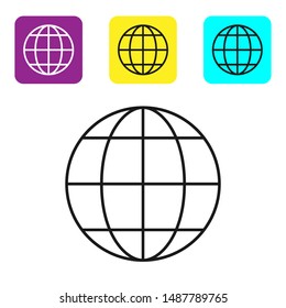 Black line Earth globe icon isolated on white background. World or Earth sign. Global internet symbol. Geometric shapes. Set icons colorful square buttons. Vector Illustration
