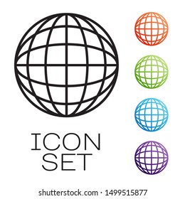 Icono de globo terrestre de línea negra aislado en fondo blanco. Signo mundial o terrestre. Símbolo global de internet. Formas geométricas. Establecer iconos coloridos. Ilustración vectorial