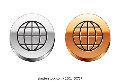 Black line Earth globe icon isolated on white background. World or Earth sign. Global internet symbol. Geometric shapes. Silver-gold circle button. Vector Illustration