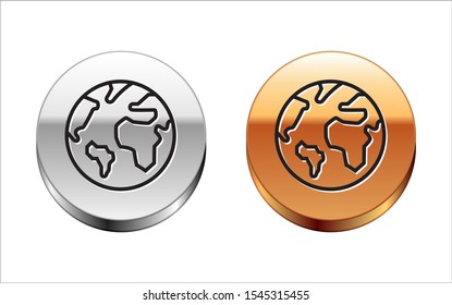 Black line Earth globe icon isolated on white background. World or Earth sign. Global internet symbol. Geometric shapes. Silver-gold circle button. Vector Illustration