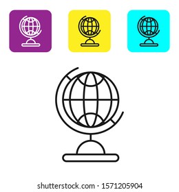 Black line Earth globe icon isolated on white background. Set icons colorful square buttons. Vector Illustration
