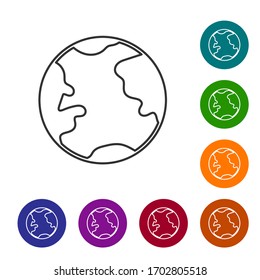 Black line Earth globe icon isolated on white background. World or Earth sign. Global internet symbol. Geometric shapes. Set icons in color circle buttons. Vector Illustration