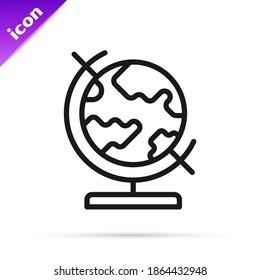 Icono de globo terrestre de línea negra aislado en fondo blanco.  Vector