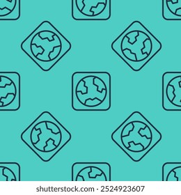 Black line Earth globe icon isolated seamless pattern on green background. World or Earth sign. Global internet symbol. Geometric shapes.  Vector