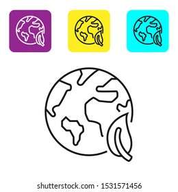 Black line Earth globe and leaf icon isolated on white background. World or Earth sign. Geometric shapes. Environmental concept. Set icons colorful square buttons. Vector Illustration