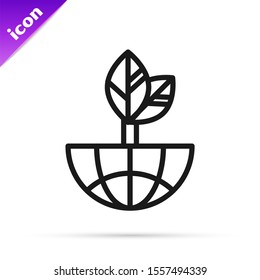Black line Earth globe and leaf icon isolated on white background. World or Earth sign. Geometric shapes. Environmental concept.  Vector Illustration