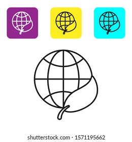 Black line Earth globe and leaf icon isolated on white background. World or Earth sign. Geometric shapes. Environmental concept. Set icons colorful square buttons. Vector Illustration