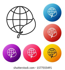 Black line Earth globe and leaf icon isolated on white background. World or Earth sign. Geometric shapes. Environmental concept. Set icons colorful circle buttons. Vector Illustration
