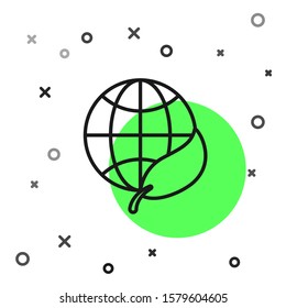 Black line Earth globe and leaf icon isolated on white background. World or Earth sign. Geometric shapes. Environmental concept.  Vector Illustration