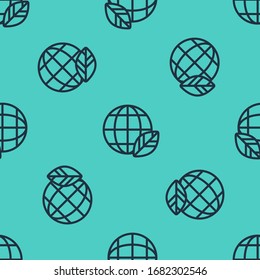 Black line Earth globe and leaf icon isolated seamless pattern on green background. World or Earth sign. Geometric shapes. Environmental concept.  Vector Illustration