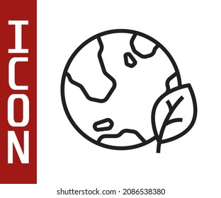 Planeta terrestre de línea negra e icono de hoja aislado en fondo blanco. Signo mundial o terrestre. Formas geométricas. Concepto ambiental.  Vector