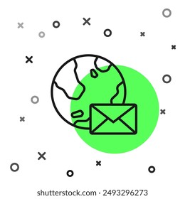 Black line Earth globe with mail and e-mail icon isolated on white background. Envelope symbol e-mail. Email message sign.  Vector