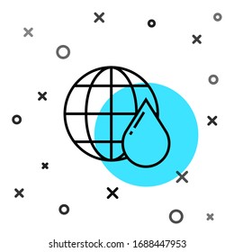 Black line Earth planet in water drop icon isolated on white background. Saving water and world environmental protection. Random dynamic shapes. Vector Illustration