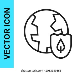 Black line Earth with shield icon isolated on white background. Insurance concept. Security, safety, protection, privacy concept.  Vector