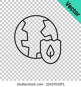Black line Earth with shield icon isolated on transparent background. Insurance concept. Security, safety, protection, privacy concept.  Vector