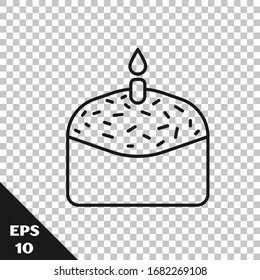 Black line Easter cake and candle icon isolated on transparent background. Happy Easter.  Vector Illustration